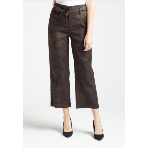 LEVEL99 NWT Bette Seamed Camo Tie Waist Straight Leg Linen Trouser Pants // 24 - Picture 1 of 13